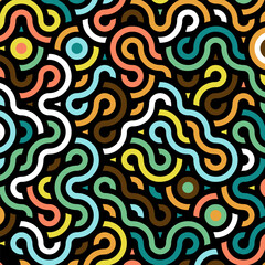 Abstract Psychedelic Line Pattern Overlay Collection with Colorful Interconnected Swirls, Loops, and Concentric Rings on Black Background