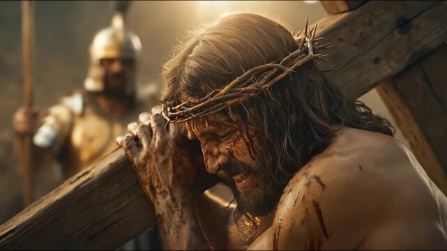 Jesus carrying cross to Golgotha, with a painful expression and Roman soldier in background for Christian Easter.