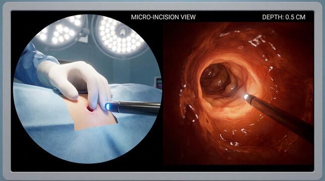 Microincision laparoscopic view showing surgeon inserting microendoscope through small abdominal incision with illuminated instrument and internal