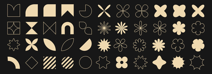 Abstract Geometric Floral Motif Overlay Collection with 40 Beige Shapes Featuring Symmetrical Petals, Stars, and Curved Segments on Black Background