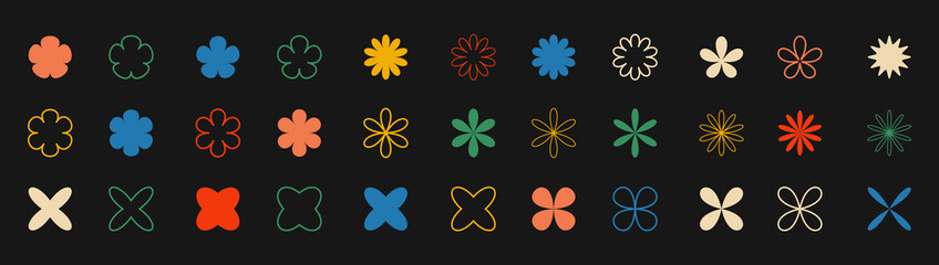 Abstract Geometric Floral Shape Overlay Collection with 40 Colorful Petal, Star, and Symmetrical Designs on Black Background
