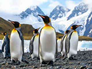Fototapeta premium Group of King Penguins standing in front of mountain background