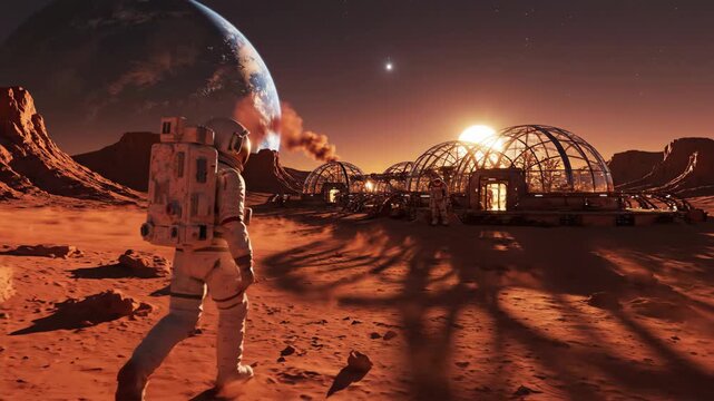 Astronaut approaching dome habitats on mars surface. Red planet exploration during sunset with earth visible in sky. Sci-fi space colonization and future settlement concept.