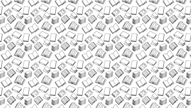 Seamless pattern of black and white book illustrations on white background