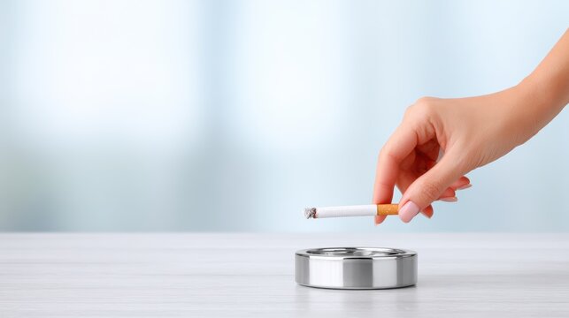 Hand placing a cigarette into a silver ashtray on a wooden table, with a blurred background creating a soft focus effect, emphasizing the smoking accessory and its surroundings