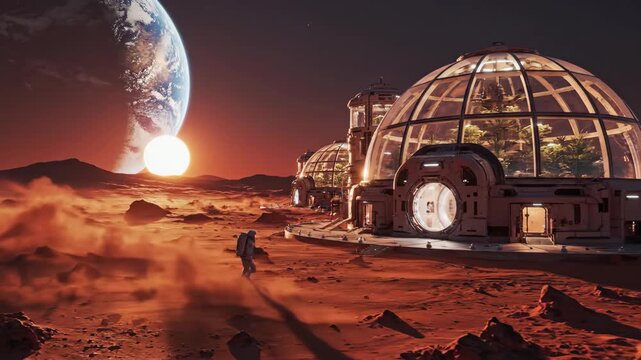 Astronaut approaching dome habitats on Mars surface with Earth in sky at sunset. Sci-fi exploration sequence of walking towards extraterrestrial base in red dusty landscape.