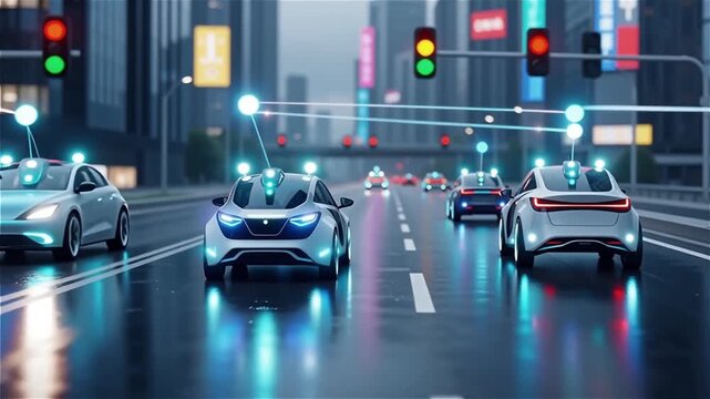 An autonomous vehicle network communicating cars as glowing nodes, sharing traffic and route data via instant light pulses.