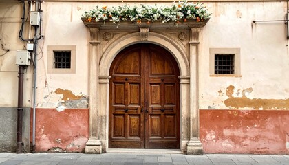 Weathered historic building facade with arched wooden door, peeling plaster, subtle floral decoration, old town charm, architectural detail, warm tones, European street, character