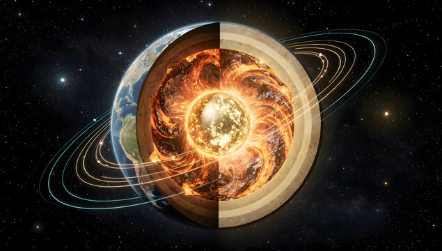 Earth cross-section showing inner layers and surrounding space  