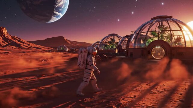 Astronaut walking toward habitat domes on Mars surface with Earth in the sky. Futuristic space exploration and planetary colonization sequence.