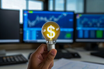 financial capital optimization. Hand holding a light bulb with a dollar sign in front of computer screens displaying financial charts.