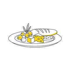 Appetizer plate with cheese, olives, and bread in minimalist style  