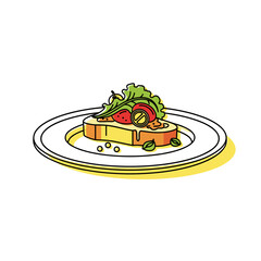 Appetizer plate with toast, vegetables, and sauce on white background  