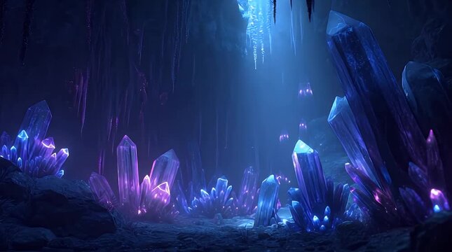Magical Glowing Blue Crystal Cave Interior Video.