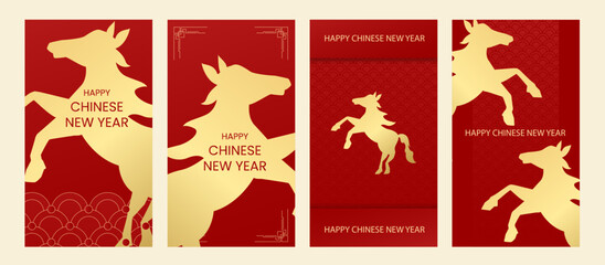 Fototapeta premium Happy Chinese new year 2026 , modern design set in red, gold and white colors , Year of the horse zodiac , Asia oriental traditional ornament, frame and border