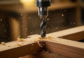 Precision: Wood Shavings Burst as Drill Bites Deep