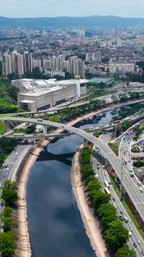 Traffic Road At Marginal Tiete Sao Paulo Brazil. Aerial View Of A High(Rise Buildings And Traffic Showcasing Urban Life. Town Sky Clouds Backgrounds Urban. Town Drone View Downtown Panoramic.