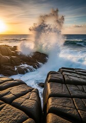 Coastal Fury: Waves Crashing on Rocky Shore at Sunset