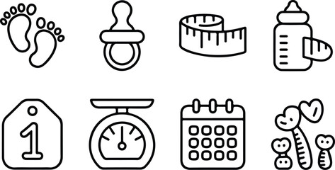 Newborn infant care linear icons featuring footprints milk bottle measuring tape pacifier scale and calendar.