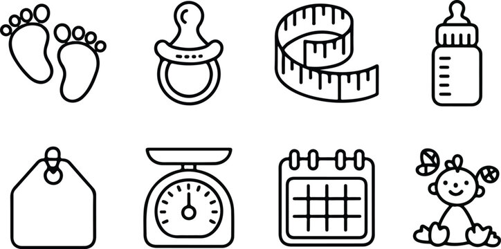 Newborn infant care linear icons featuring footprints milk bottle measuring tape pacifier scale and calendar.