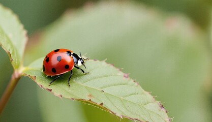 Obraz premium A ladybug on leaf, tiny, red, natural