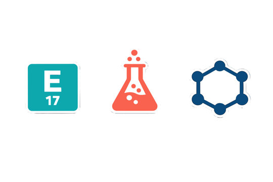 Three stylized science icons are displayed against a black background, including a teal periodic table element tile, a red bubbling flask, and a blue hexagonal molecular structure.