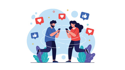 Man and woman stand back to back using their smartphones while social media like and heart icons orbit around them in a digital connection theme. © Kamrul