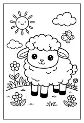 Naklejka premium Adorable cute cartoon lamb standing in a sunny meadow with flowers and butterflies coloring page outline