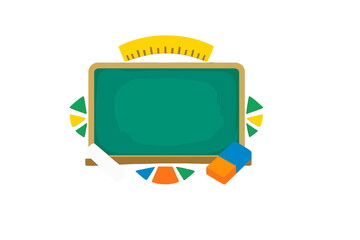 A cartoon illustration of a green chalkboard with a wooden frame, featuring a yellow ruler, white chalk, a blue and orange eraser, and colorful geometric shapes on a black background.