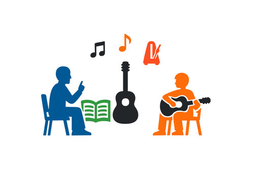 A flat vector illustration depicting a music teacher in blue instructing a student in orange who is playing a guitar. The scene includes a metronome, music notes, and a songbook.