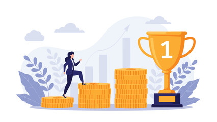 Businesswoman climbing stairs made of gold coins towards a giant trophy symbolizes career growth and financial success in corporate world.