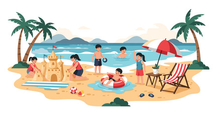Happy group of children playing on a sunny beach building a sandcastle and swimming in the sea during a fun summer vacation trip.