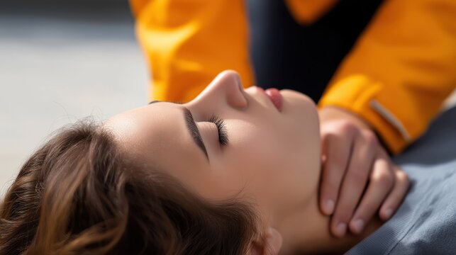 Young woman receiving first aid with hands on her throat  