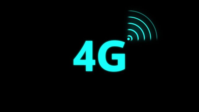 the Animated 4g network icon. abstract 4G Wi Fi Signal on black Background with cyan Glow Wireless Network Symbol Wi-Fi. Technology concept icon. 