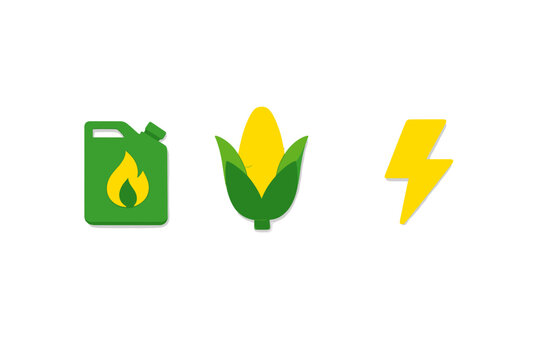 A green fuel canister with a flame, an ear of corn, and a yellow lightning bolt icon are arranged horizontally against a black background, symbolizing biofuel and renewable energy.