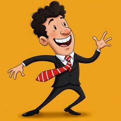 Enthusiastic Cartoon Illustration: Animated Figure in Suit, Red Tie