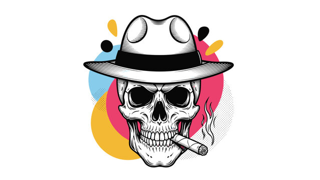Black and white engraving of a skull wearing a stylish fedora hat and smoking a cigar against a vibrant colorful abstract background.