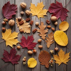 Autumn's Embrace: Fallen Leaves and Nuts on Weathered Wood