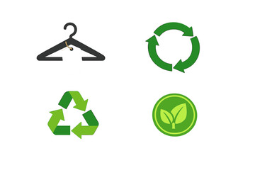 Obraz premium A collection of four icons representing sustainable fashion and recycling, including a clothes hanger with a tag, a circular arrow, a recycling symbol, and a leaf emblem on a black background.
