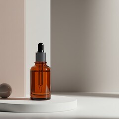 Amber Dropper Bottle: Minimalist 3D Render in Earth Tones.