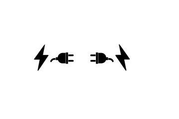 A black and white graphic illustration featuring two electrical plugs positioned horizontally facing each other, flanked by lightning bolt symbols representing power and energy.