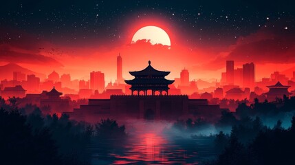 Antique Architecture and Red Full Moon