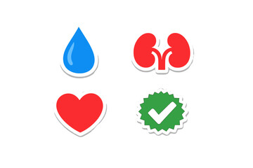 Obraz premium Four medical and health-related icons including a blue water drop, red kidneys, a red heart, and a green checkmark seal are displayed on a solid black background in a grid layout.