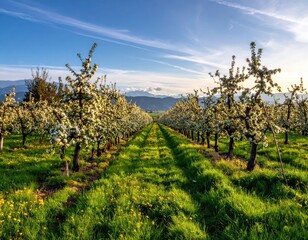 Beautiful Orchard with Blooming Flowers and Lush Green Grass