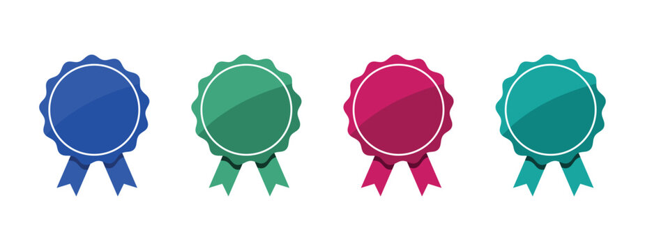 Colorful award rosette badges set. Blue green pink teal ribbons. Achievement certificate label icons. Quality success award symbols