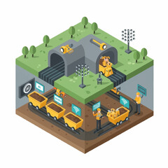 Isometric view of a mining operation with tunnels, carts, and workers.