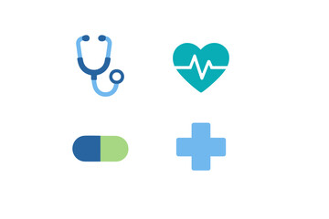 Obraz premium A collection of four medical icons including a stethoscope, a heart with a heartbeat line, a blue and green pill capsule, and a light blue medical cross, all set against a black background.