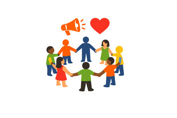 A flat illustration of a diverse group of people holding hands in a circle under a megaphone and a red heart symbol, representing unity, communication, and community support.
