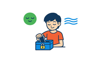 Naklejka premium A cartoon boy with a peaceful expression puts his smartphone into a locked blue box. A green smiley face and wavy lines float nearby, symbolizing a digital detox and mental well-being.