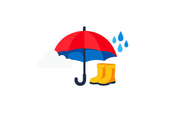 This vector illustration depicts a red and blue umbrella alongside a pair of yellow rubber rain boots, a white cloud, and blue raindrops, representing rainy weather conditions.